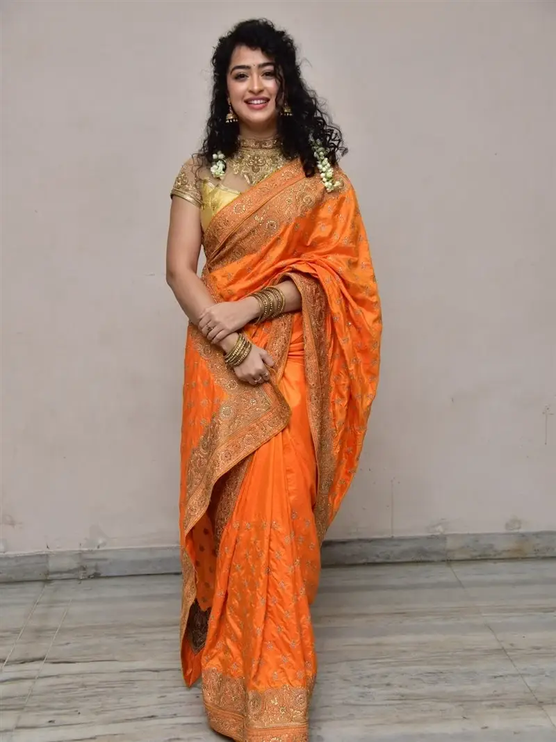 Actress Apsara Rani in Orange Saree at Talakona Movie Launch